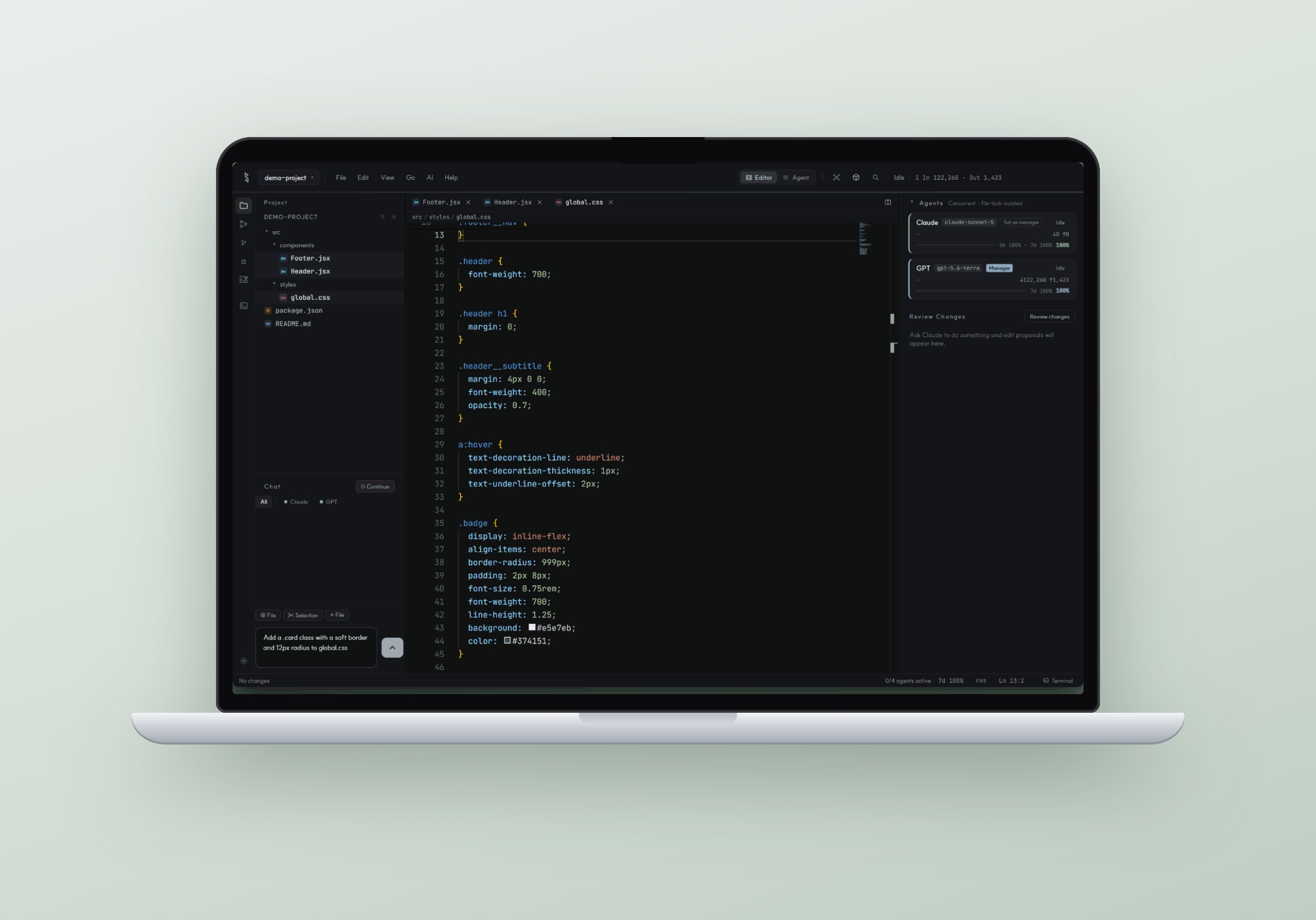 Schutz AI IDE editor and multi-agent panel on a laptop