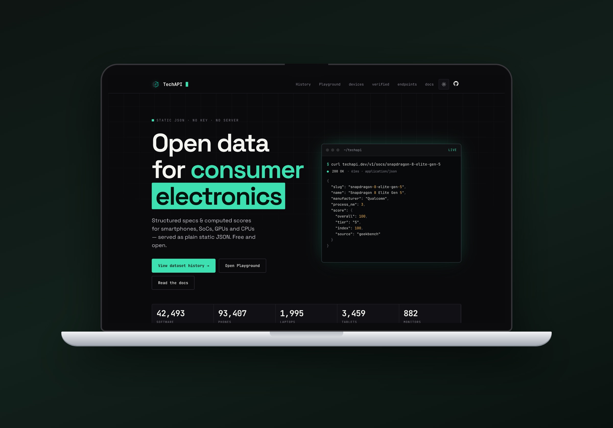 Laptop mockup showing the TechAPI website and API response
