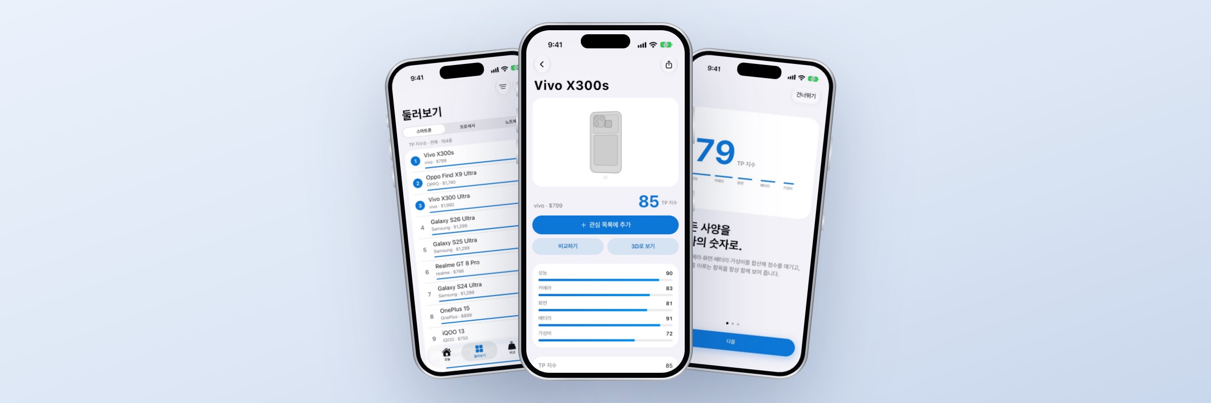 TechPicks 랭킹 · 기기 상세 · 온보딩 화면 목업